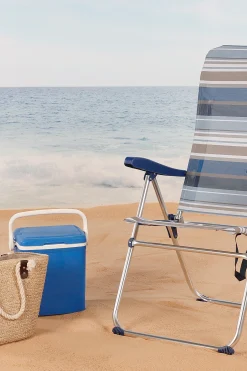 Aktive Cadeira De Praia Alta Dobrável De 5 Posições Com Listras Azuis E Cinza