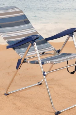 Aktive Cadeira De Praia Alta Dobrável De 5 Posições Com Listras Azuis E Cinza