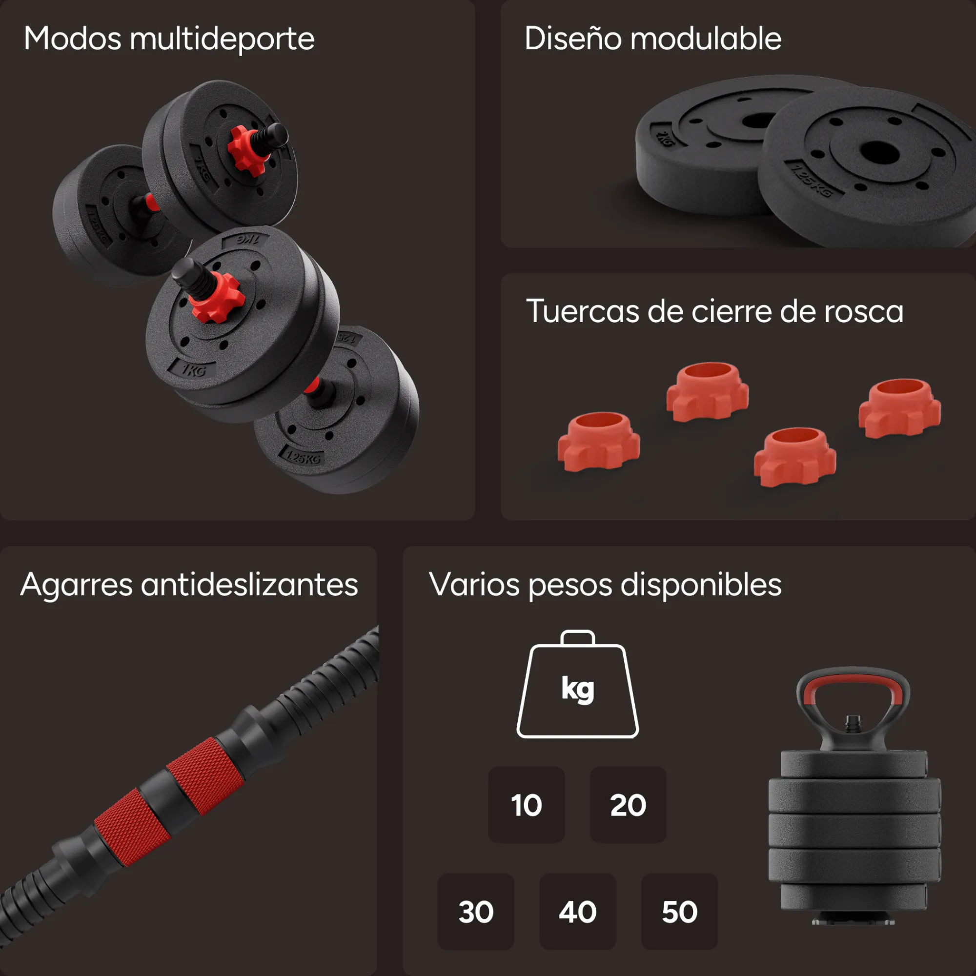 Ksix Conjunto De Pesos De 10 Kg: Halteres + Barra + Kettlebell + Discos De Peso