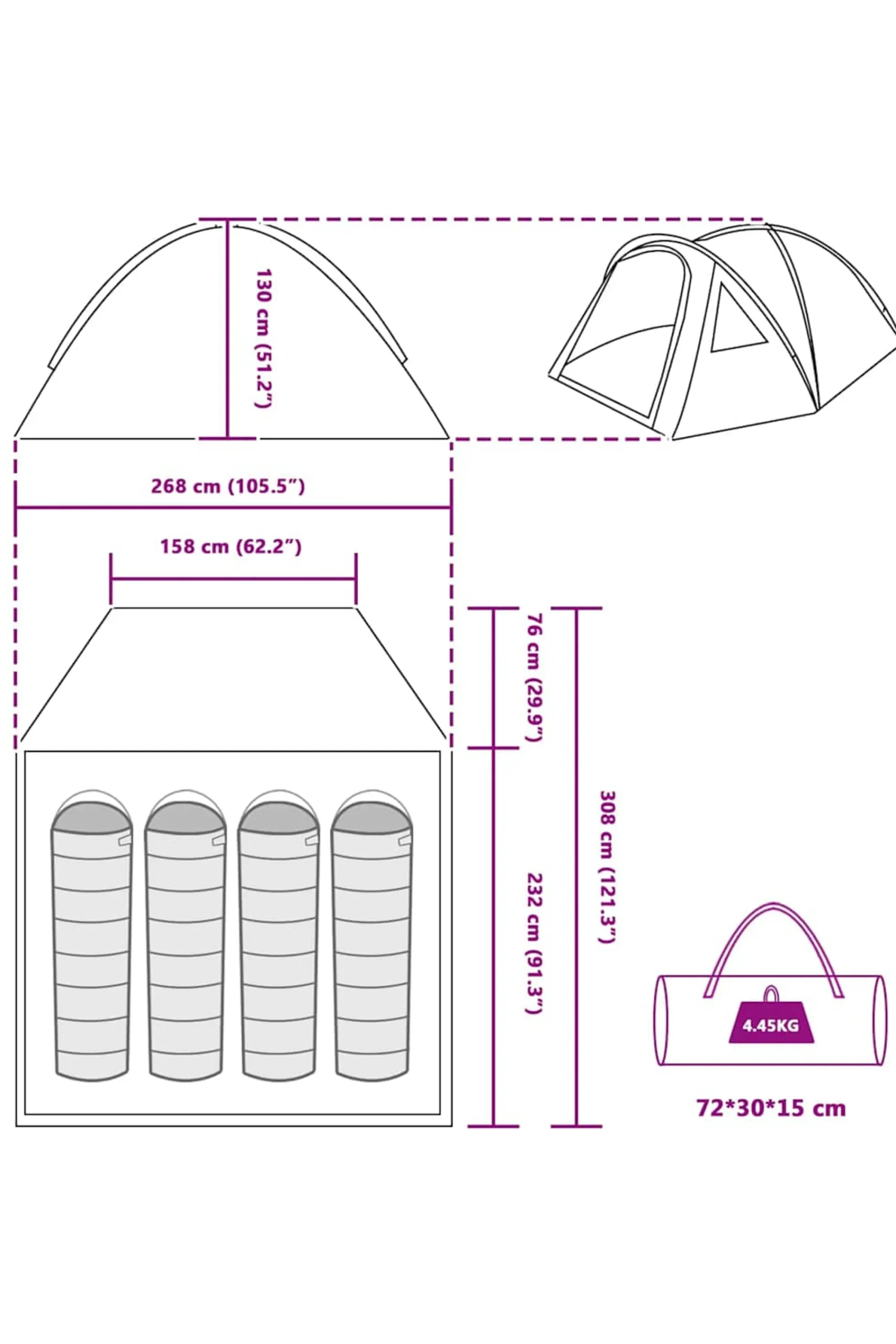 Vidaxl Tenda Camping 308 X 268 X 130 CM