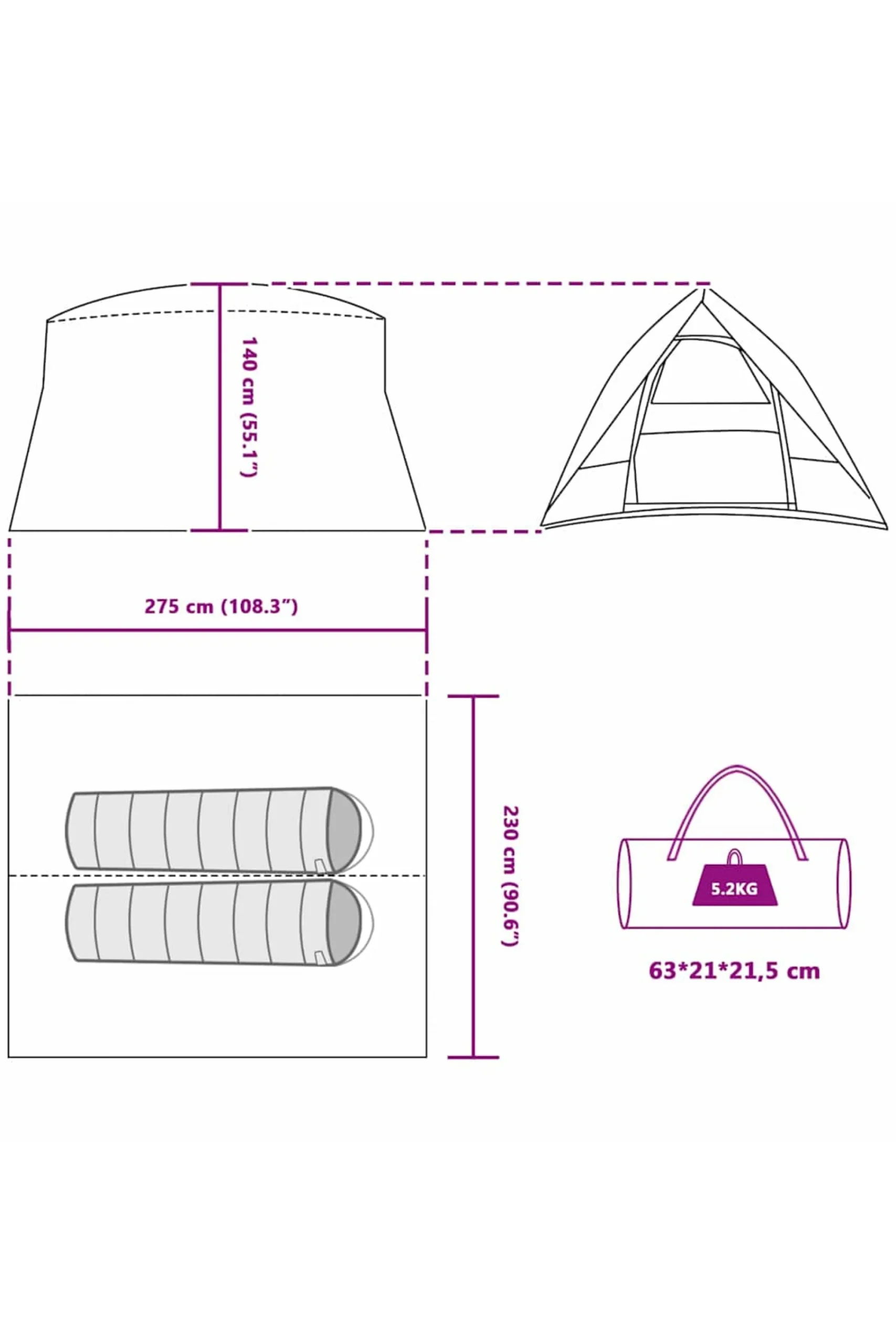 Vidaxl Tenda Camping 275 X 230 X 140 CM