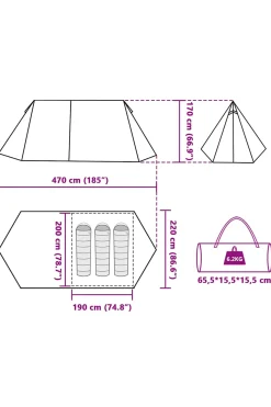 Vidaxl Tenda De Campismo 3 Pessoas 465x220x170 CM