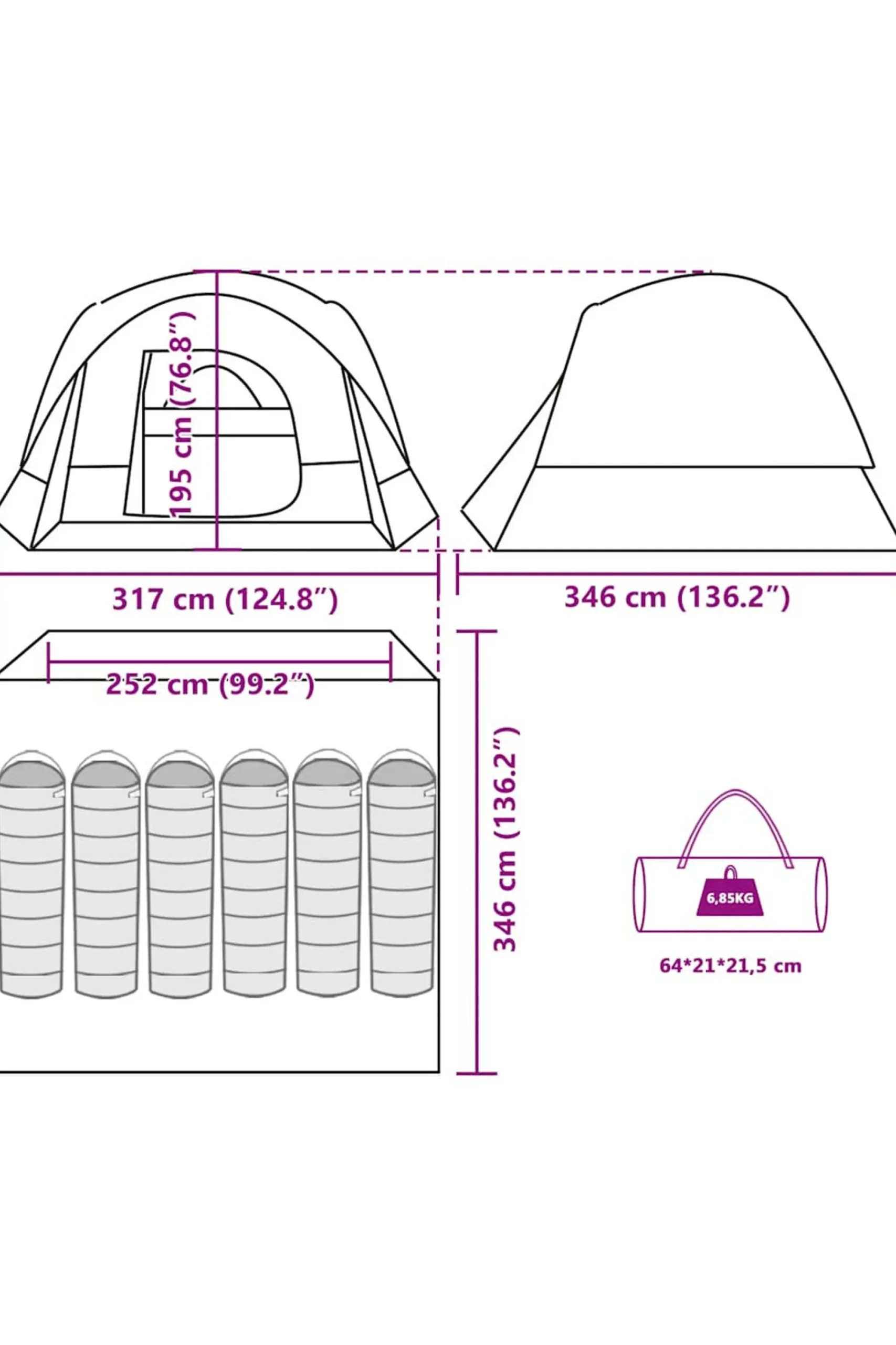 Vidaxl Tenda Familiar Estilo Cabana Para 6 Pessoas Impermeável 252/317x 346x195 CM