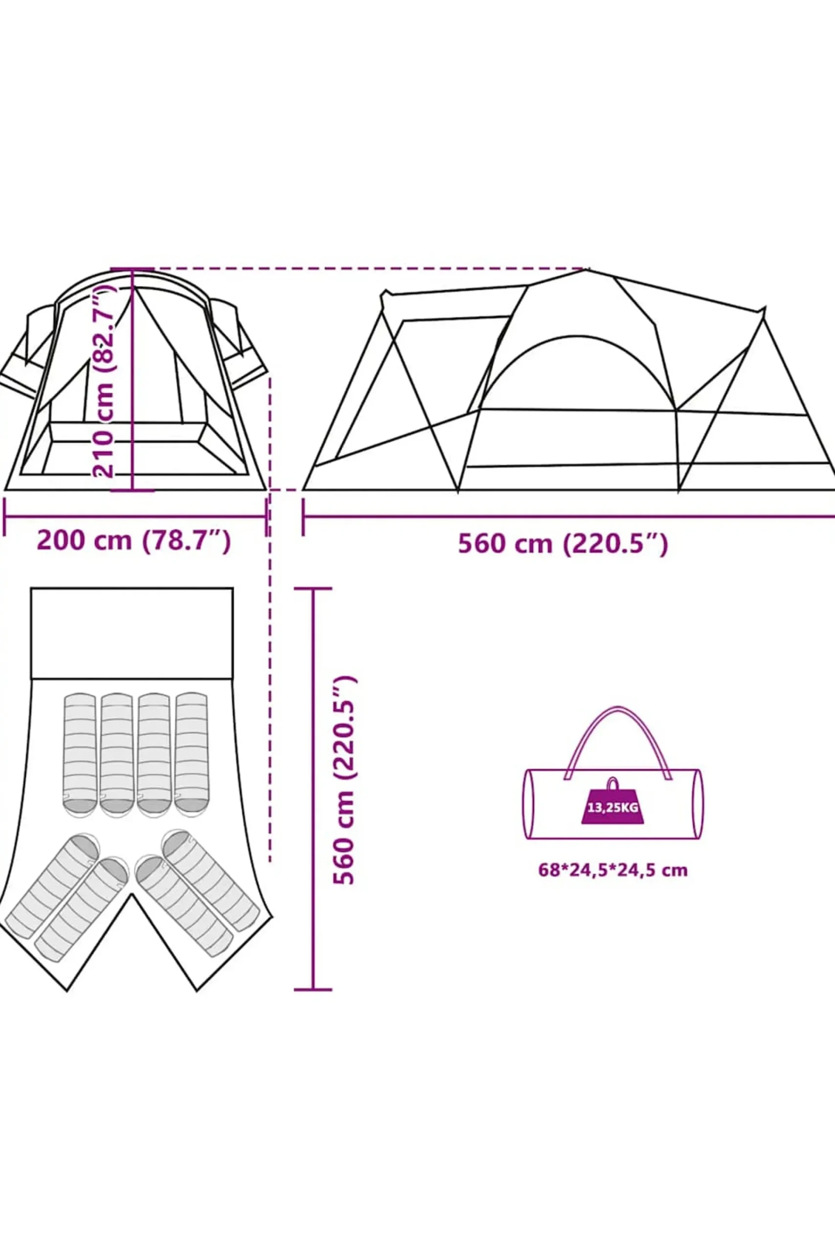 Vidaxl Tenda Familiar Túnel Para 8 Pessoas Impermeável 560x200x210 CM